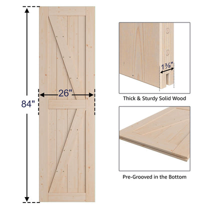 SmartStandard 26in x 84in Sliding Barn Wood Door Pre-Drilled Ready to Assemble, DIY Unfinished Solid Spruce Wood Panelled Slab, Interior Single Door - WoodArtSupply