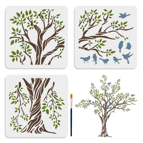 MAYJOYDIY 3pcs Large Tree Bird Branch Stencils 30.8×30.8inch Splice Size Bird On Tree Branch Template with Paint Brush 11.8×11.8inch Stencil Size for MAYJOYDIY