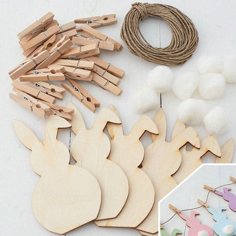 Factory Direct Craft Unfinished Wooden Floppy Ear Bunny Rabbit Garland Easter Craft Kit Unfinished Wood Bunnies, White Pom Poms, Twine and Factory Direct Craft