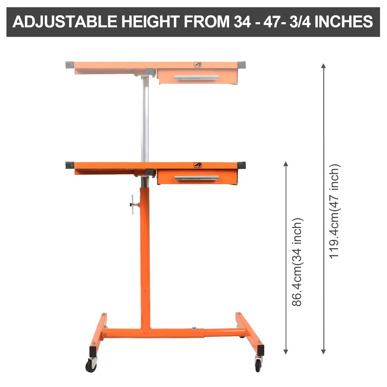 Aain LT18 Heavy Duty Adjustable Work Table with Drawer for Mechanic,220lbs Capacity Rolling Tool Tray Table with Wheels Orange - WoodArtSupply