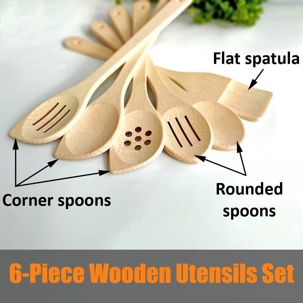 ECOSALL Healthy Wooden Spoons For Cooking Set of 6. Safe and Reliable Cooking Utensils for Kitchen – 100% Natural Nonstick Wood Spatula Spoon For