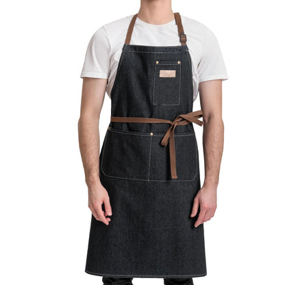 ROTANET Denim Work Apron with 3 Pockets Adjustable Bib Jean Tool Apron for Chef Kitchen Shop Cooking Grilling for Men Women Black - WoodArtSupply