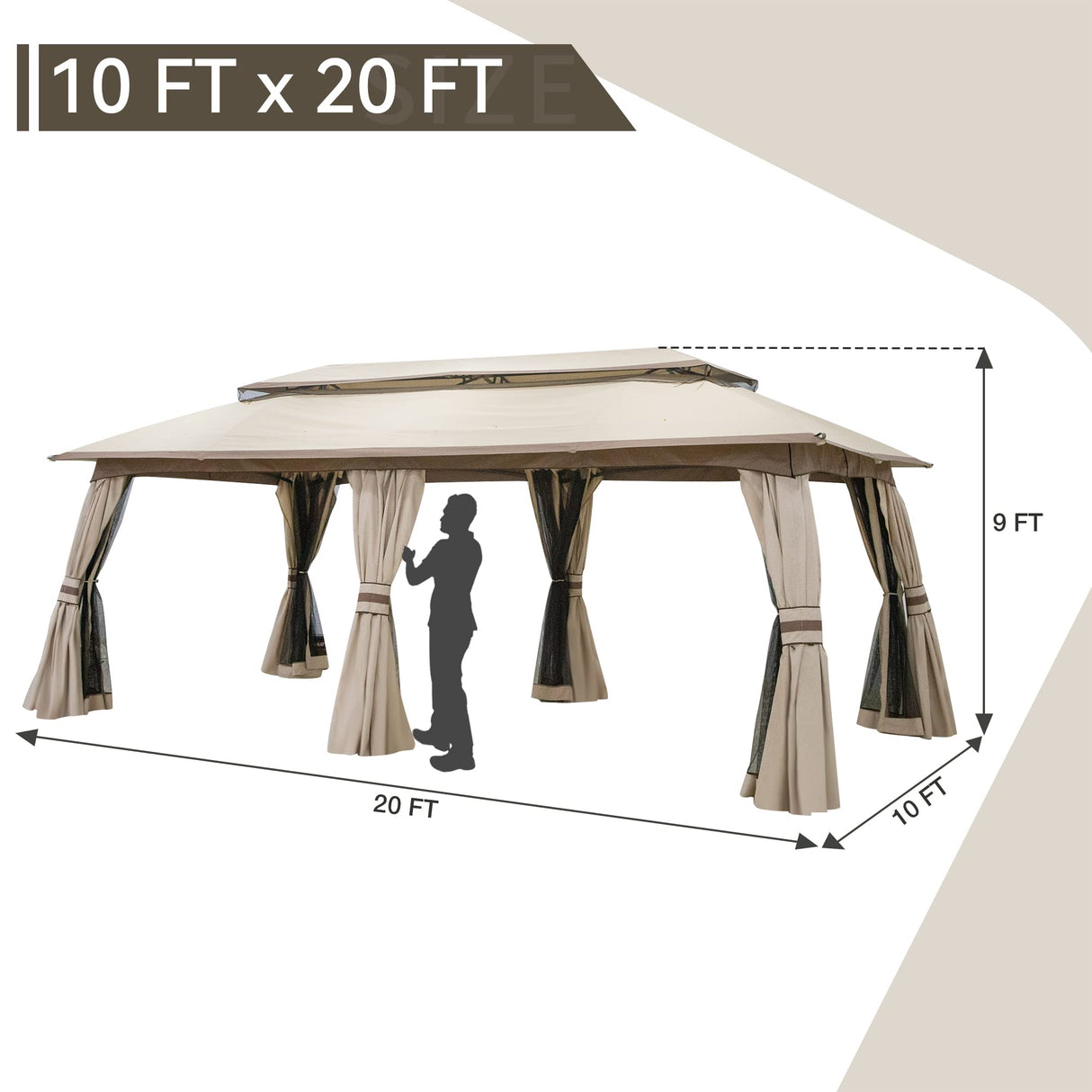 Joyside 10x20 ft Outdoor Gazebo, Double-Tier Roof Gazebo Tent with Curtains and Nettings, Patio Spacious Carport Gazebo with Metal Steel Frame Joyside