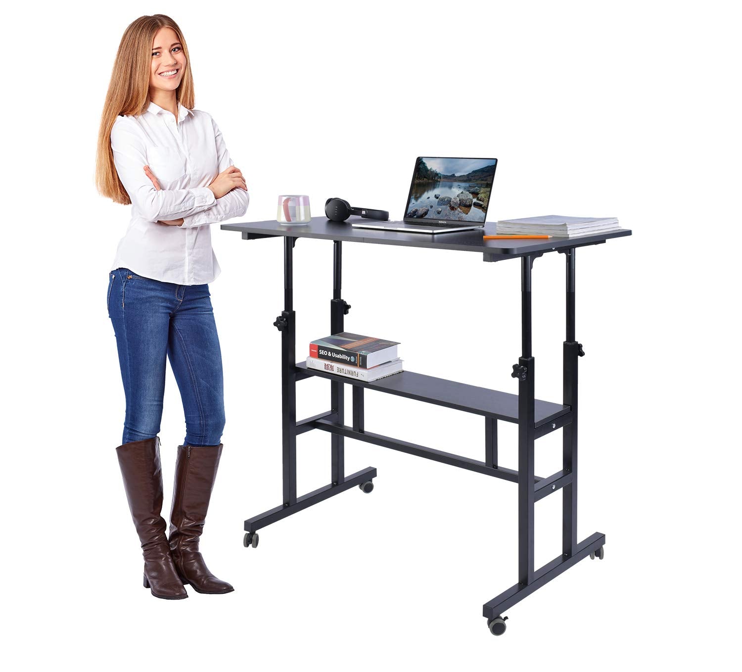 AIZ Mobile Standing Desk, Adjustable Computer Desk Rolling Laptop Cart on Wheels Home Office Computer Workstation, Portable Laptop Stand Tall Table AIZ
