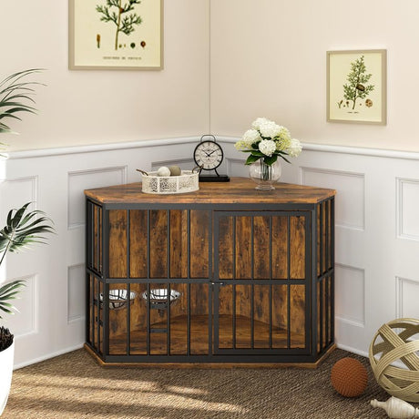 ROOMTEC 42 inch Furniture Dog Crate Corner, Dog Kennel Corner Wooden End Table with Bowl, Indoor Pet Crates Corner Side Table for Dogs, Wide Top ROOMTEC