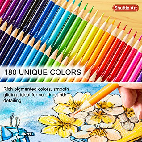 Shuttle Art 180 Colored Pencils, Soft Core Coloring Pencils Set with 4 Sharpeners, Professional Color Pencils for Artists Kids Adults Coloring Shuttle Art