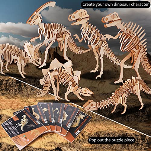Calary 3D Wooden Dinosaur Puzzle Set – DIY Animal Assembly Model for Kids and Adults (Set of 6) calary