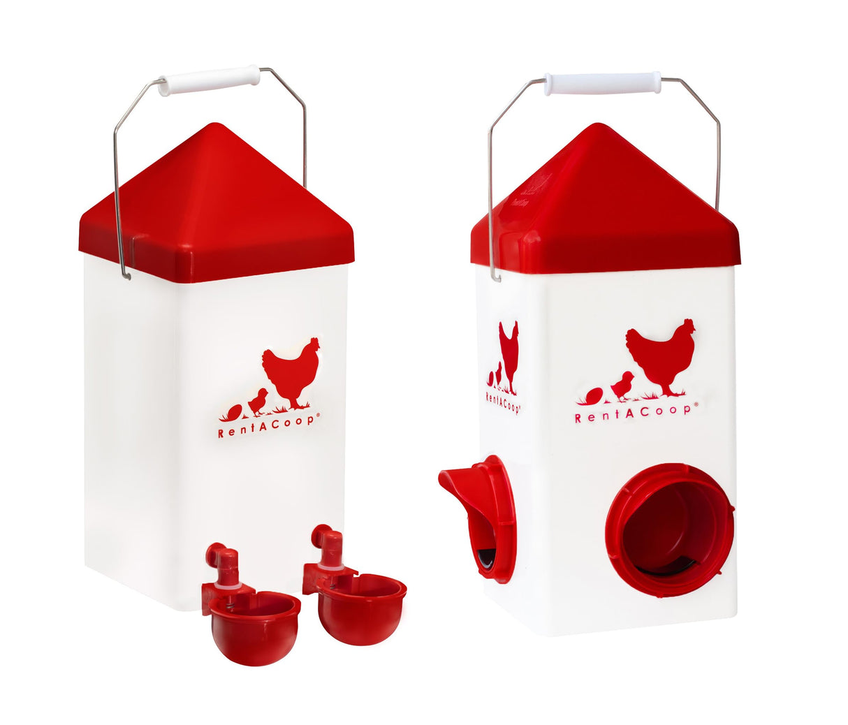 RentACoop Chick2Chicken 5lb 2-Port Feeder and 1-Gal Small Cage Waterer Set - Suitable for Chicks, Chickens, Pigeons, Quail, Game Birds RentACoop