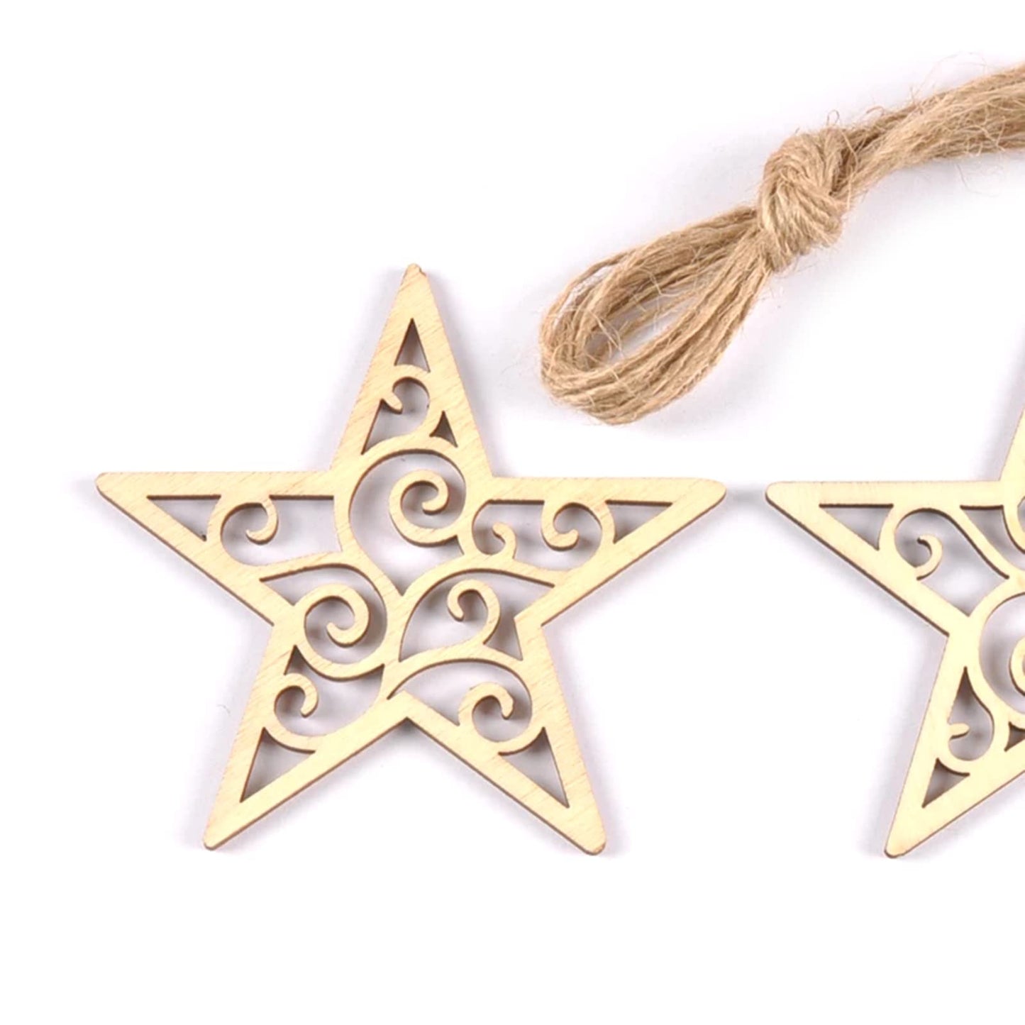 BUZHI 10 Pcs Wooden Moon Star Ornaments,Unfinished Moon Star Heart Shape Hollow Wooden Chips Wood Slices for DIY Eid Ornament Hanging Pendant