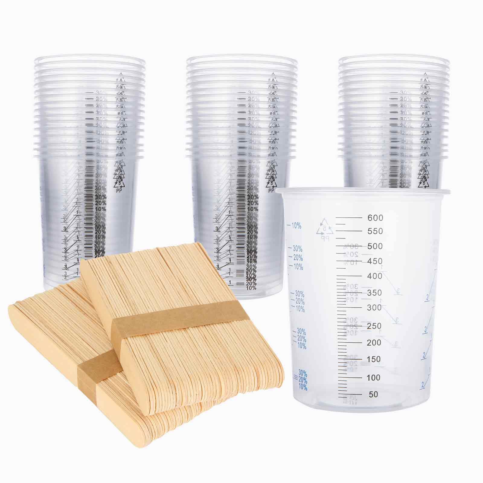 Oungy 100PCS Plastic Mixing Cups for Epoxy Resin 20oz(600ml) with 100pcs Mixing Sticks, Graduated Plastic Measuring Cups for Mixing Resin Painting - WoodArtSupply