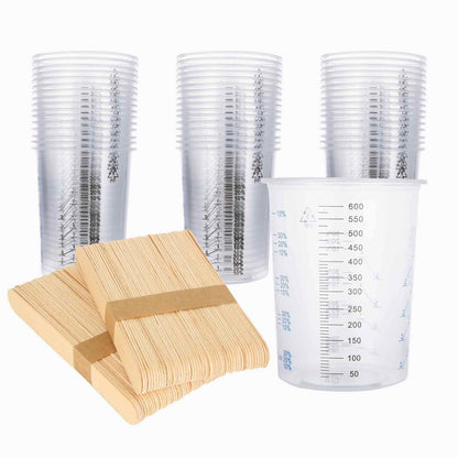 Oungy 100PCS Plastic Mixing Cups for Epoxy Resin 20oz(600ml) with 100pcs Mixing Sticks, Graduated Plastic Measuring Cups for Mixing Resin Painting - WoodArtSupply