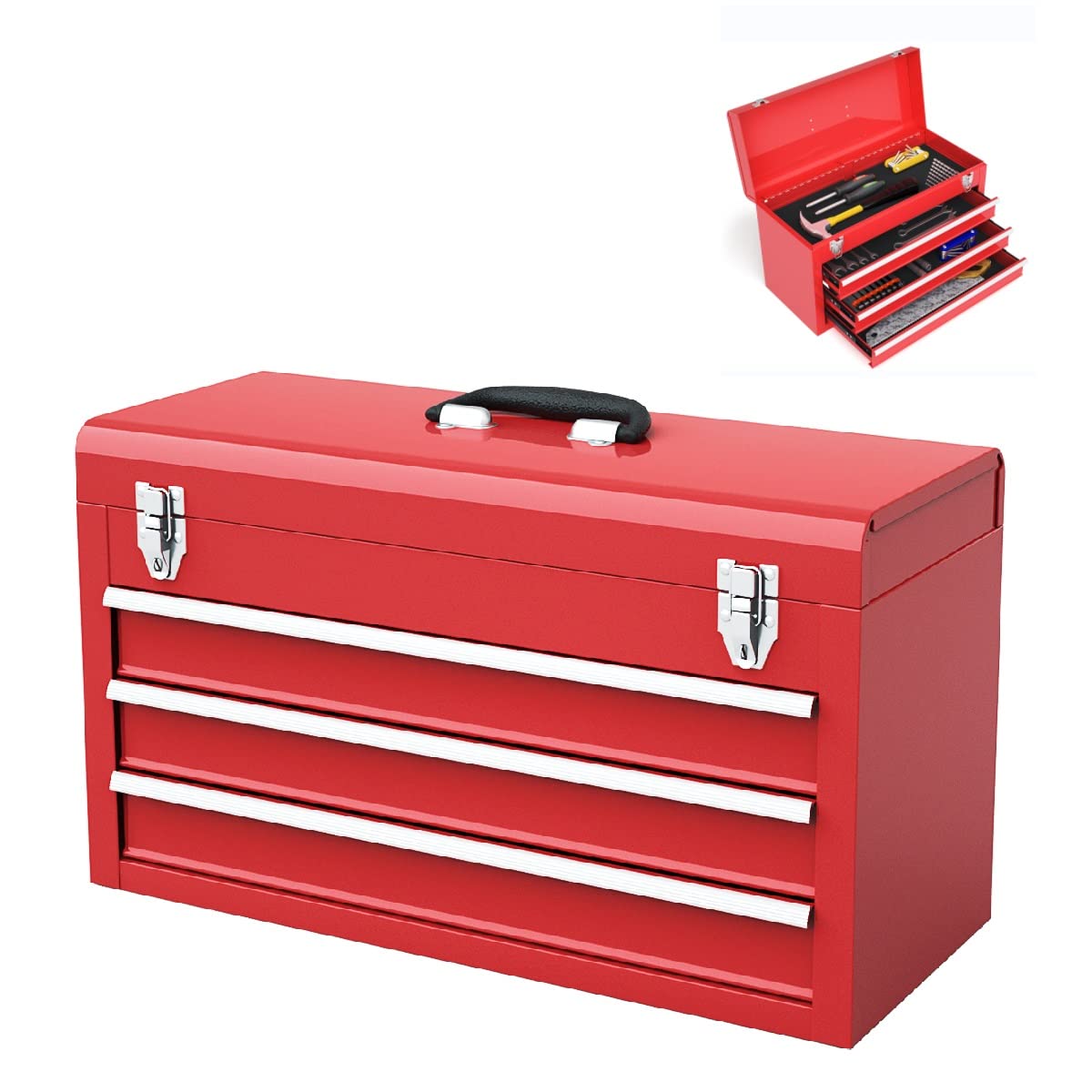 S AFSTAR 21-inche Tool Box, Portable 3 Drawer Steel Toolbox with Top Storage Tray & Carrying Handle, Double Latch System, Tool Storage Chest Hand S AFSTAR