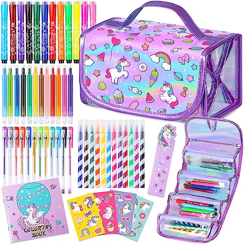 Gifts for Girls 5 6 7 8 9 Year Old, Unicorns Coloring Markers Set with Unicorn Pencil Case, Unicorn Art Supplies for Kids, Craft Drawing Painting Toy