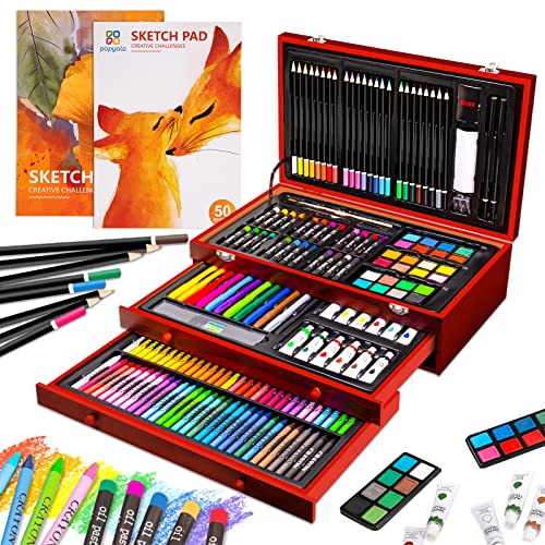 Art Supplies, 185 Piece Deluxe Wooden Art Set, Professional Art Kit with 2 Sketch Books, Crayons, Oil Pastels, Colored Pencils, Watercolor Paints, POPYOLA