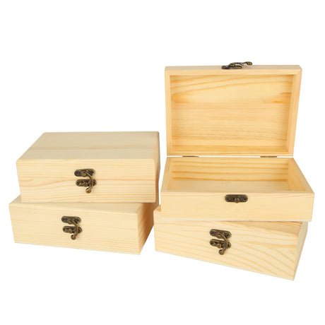 DAJAVE 4 Pack Unfinished Wooden Box, Wooden Box with Hinged Lid, Small Bulk Wood Boxes for Crafts, DIY, Arts Hobbies and Home Storage(7x5x2 Inch) DAJAVE