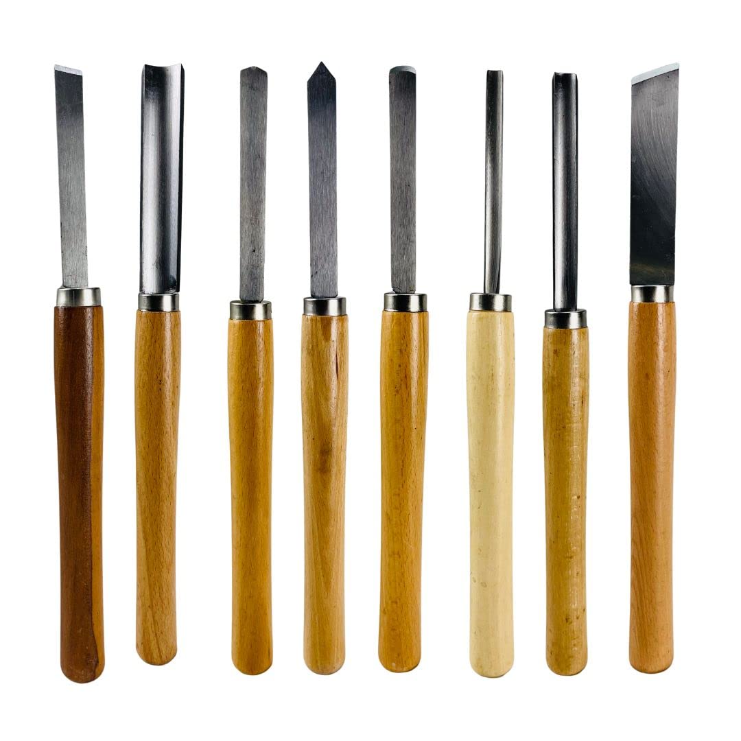 WEDGE 8 Piece Wood Chisel Set | 13" Woodworking Lathe Tools | Diverse Range Including 1" Skew & 0.75" Gouge| Ergonomic Wooden Handles | | Ideal for - WoodArtSupply