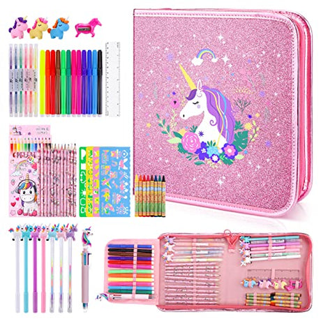 Fruit Scented Markers Set 56 Pcs with Glitter Unicorn Pencil Case & Stationery, Art Supplies for Kids Ages 4-6-8, Art Coloring Kits Box, Gifts Toy MAIGOZON