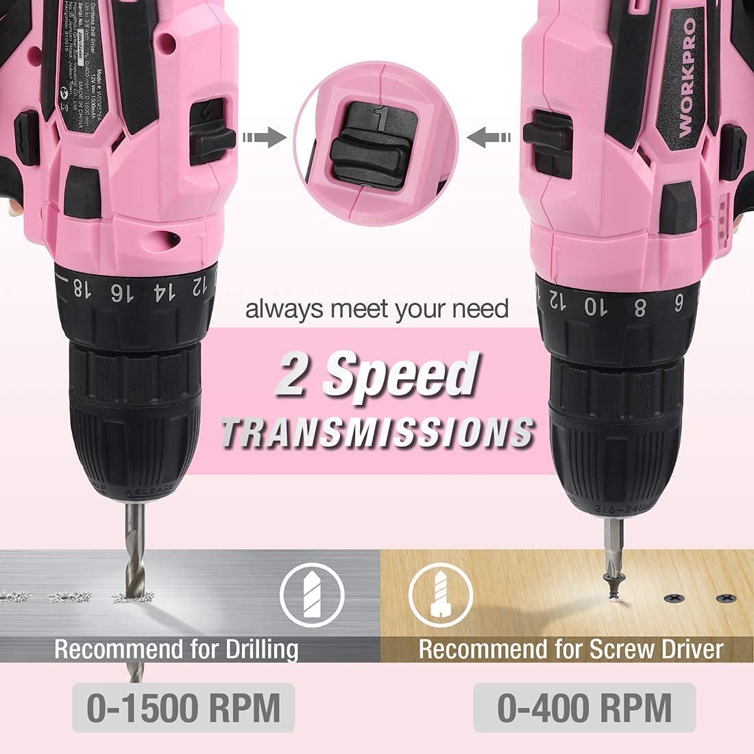 WORKPRO Pink Cordless Drill Driver Set, 12V Electric Screwdriver Driver Tool Kit, 3/8" Keyless Chuck, Charger and Storage Bag Included - Pink Ribbon WORKPRO