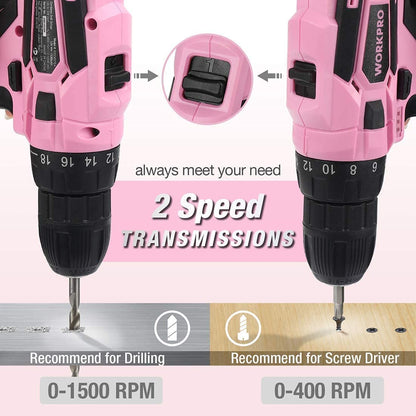 WORKPRO Pink Cordless Drill Driver Set, 12V Electric Screwdriver Driver Tool Kit, 3/8" Keyless Chuck, Charger and Storage Bag Included - Pink Ribbon