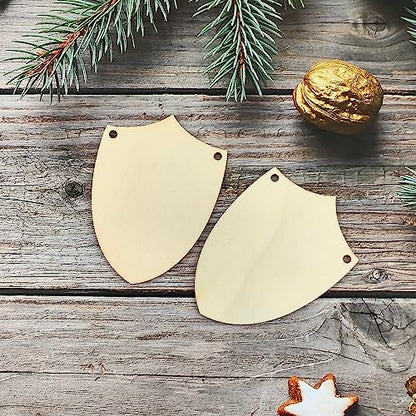 32 Pack Wood Shield Cutouts Unfinished Wooden Shield Hanging Ornaments DIY Shield Craft Gift Tags for Thanksgiving Christmas Home Party Decoration