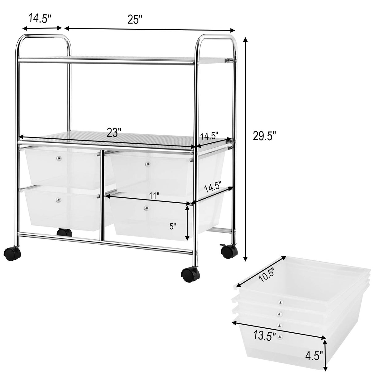 RELAX4LIFE Storage Cart W/Four Drawers, Wheels and Two Shelves, Stable Steel Frame Craft Cart for Office,Home, Make Up Storage and Files Arrangement RELAX4LIFE