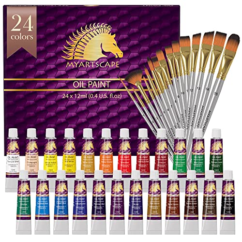 MyArtscape Supplies Paint Bundle - Oil Paint Set - 12ml x 24 Tubes - Lightfast - Heavy Body - Oil-based Colors - with Premium Set of 15 Short Handle MyArtscape