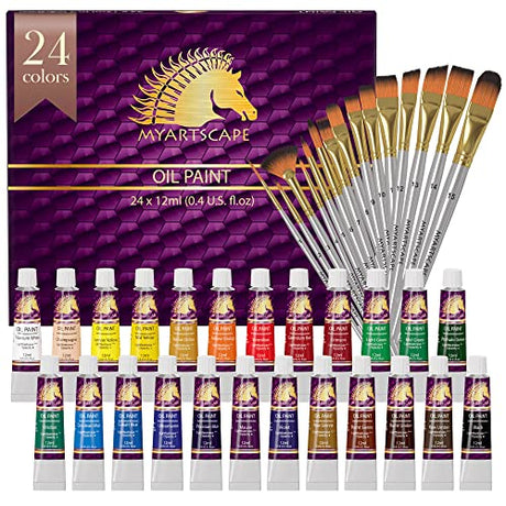 MyArtscape Supplies Paint Bundle - Oil Paint Set - 12ml x 24 Tubes - Lightfast - Heavy Body - Oil-based Colors - with Premium Set of 15 Short Handle MyArtscape