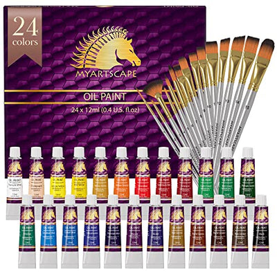 MyArtscape Supplies Paint Bundle - Oil Paint Set - 12ml x 24 Tubes - Lightfast - Heavy Body - Oil-based Colors - with Premium Set of 15 Short Handle