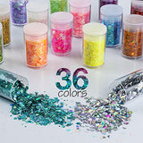 Holographic Chunky and Fine Glitter Mix, 36 Colors Chunky Sequins & Glitter Powder Mix, Iridescent Cosmetic Glitter Flakes for Nail Art Face Body Eye Linwulte