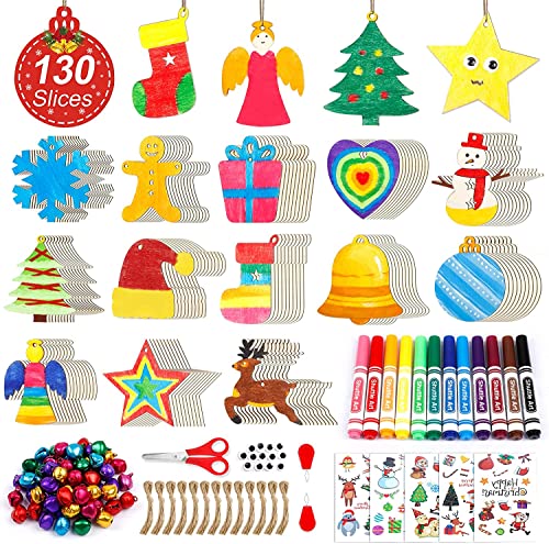 Shuttle Art 360 PCS Wooden Christmas Ornament Kit, 130 Unfinished Wood Slices with 13 Styles, 130 Jute Twine, 12 Colors Washable Markers, 50 Bells,