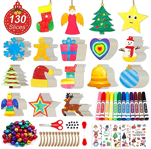 Shuttle Art 360 PCS Wooden Christmas Ornament Kit, 130 Unfinished Wood Slices with 13 Styles, 130 Jute Twine, 12 Colors Washable Markers, 50 Bells, - WoodArtSupply