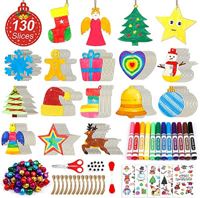Shuttle Art 360 PCS Wooden Christmas Ornament Kit, 130 Unfinished Wood Slices with 13 Styles, 130 Jute Twine, 12 Colors Washable Markers, 50 Bells,