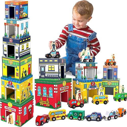 Atoylink Toddler Sorting and Stacking Toys with Magnetic Wooden Cars & Community Helpers, Baby Number Blocks Nesting Boxes Preschool Learning Atoylink