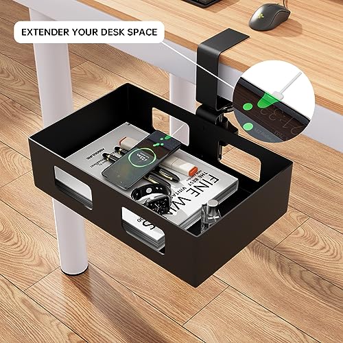 Gaxomo 2 Pack Clamp-on Side Desk Swivel Organizer, Under Desk Hidden Storage Drawer with Cable Hole, Hanging Desk Rotated Metal Basket for Extender Gaxomo