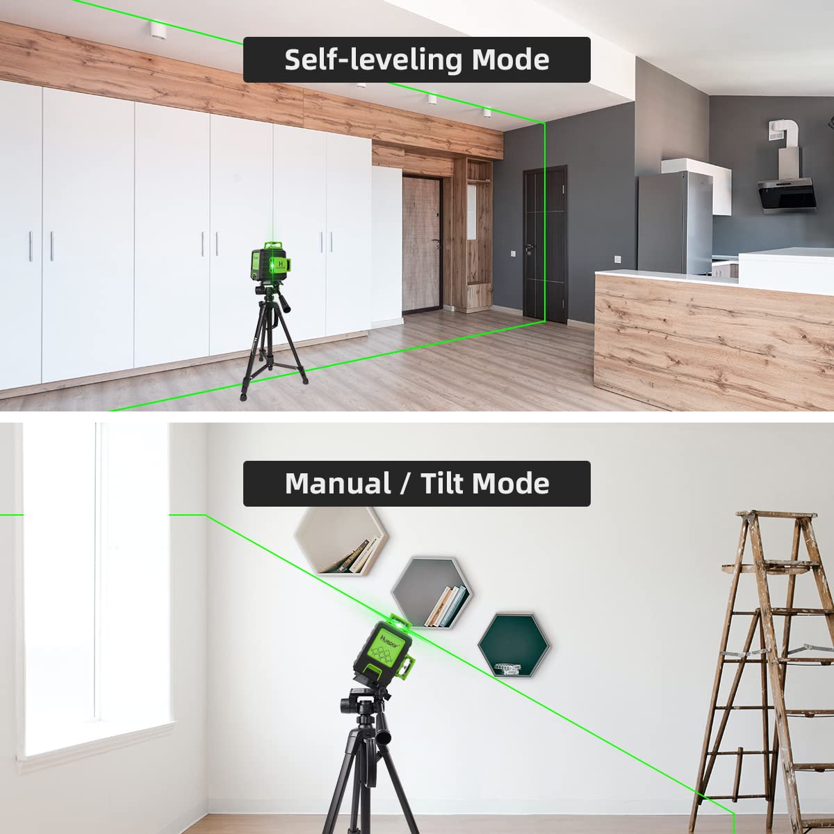 Huepar 3x360 Self-leveling Cross-Line Laser Level, 3D Green Beam Three-Plane Leveling and Alignment Laser Tool with 47" Lightweight Extendable Tripod - WoodArtSupply