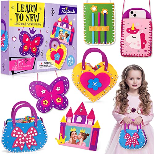 Toylink First Sewing Kit for Kids Beginners Arts Crafts for Girls Ages 4 5 6 7 8 Learn to Sew Unicorn Purse Bags Picture Frame Pen Holder DIY Felt