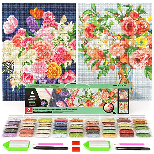 Arteza 5D Diamond Painting Kit, 2-Pack, Floral Designs, Full-Drill Diamond Art for Adults, 12 x 16 Inches Canvases, Round Rhinestones, & Painting ARTEZA