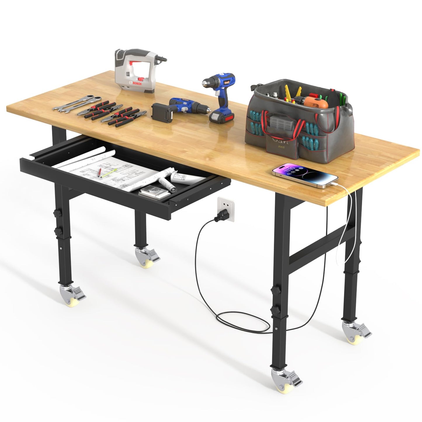 DUSACOM 60" Adjustable Height Heavy Duty Workbench for Garage,Rubber Wood Top Working Table, 2000 LBS Load Capacity with Power Outlets&Drawer for