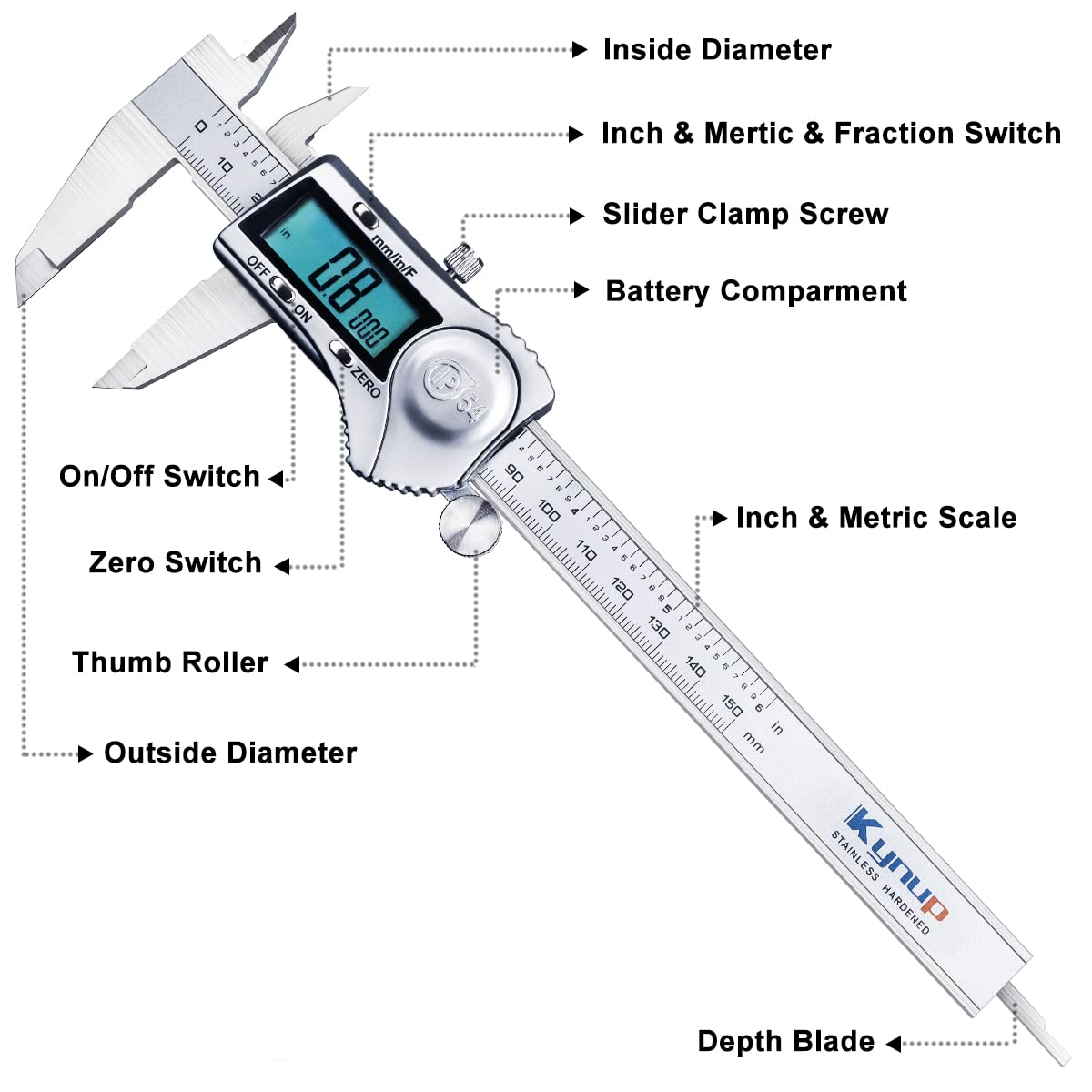 Kynup Digital Caliper, Calipers 6 Inch Measuring Tool with Stainless Steel, IP54 Splash Proof Protection Design, Easy Switch from Inch Metric - WoodArtSupply