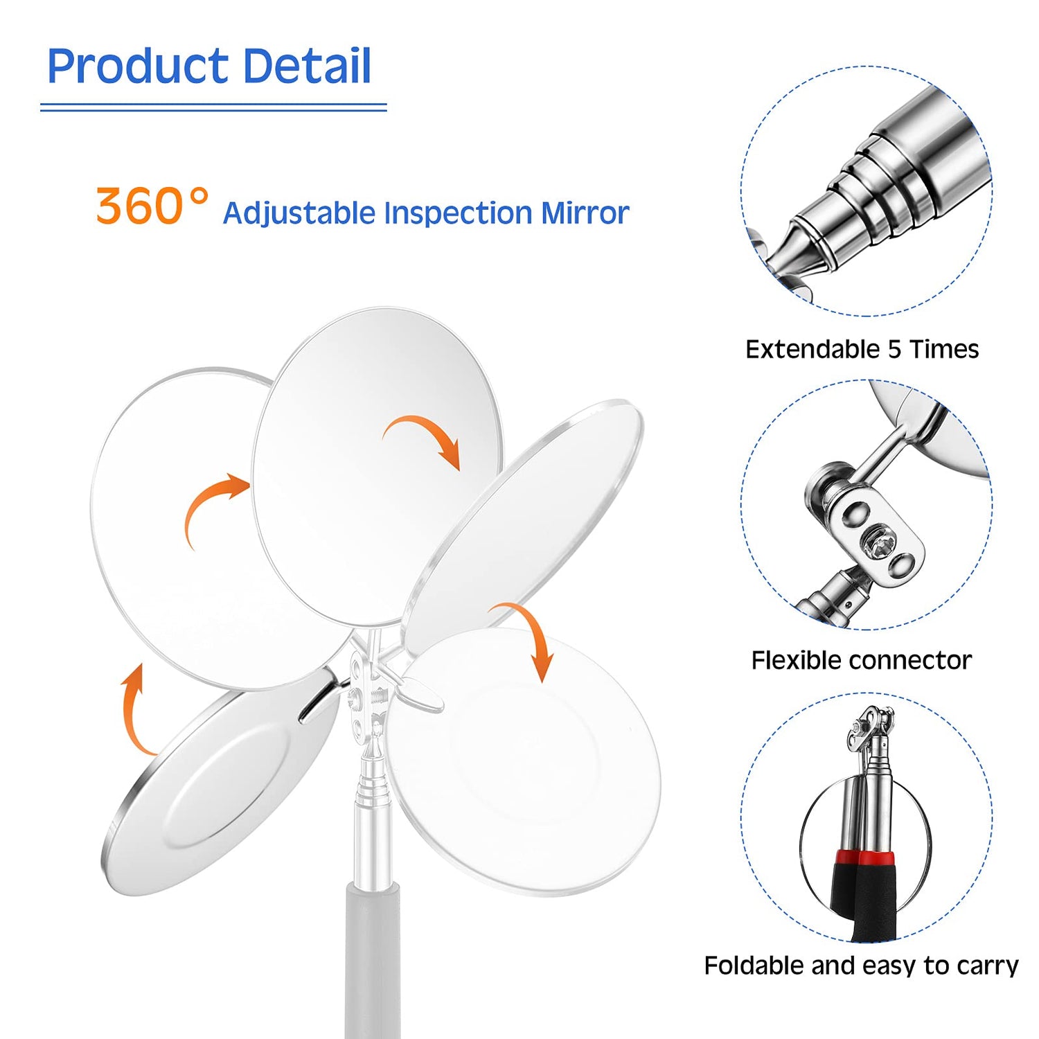 Frienda 2 Pieces Lighted Telescoping Inspection Mirror Flexible Retractable LED Automotive Extension Mirror Round Dental Mirror with Light Pickup Frienda