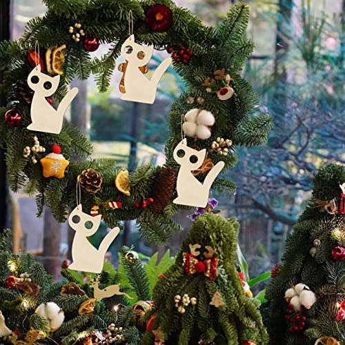 Big Eyes Cat Shape Wooden Blank Wood with Twines Art Unfinished Ornaments for Christmas Wedding Birthday Party Thanksgiving Day Decoration 24Pcs