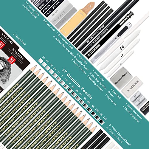 KALOUR 52-Pack Sketch Drawing Pencils Kit with Two Sketchbook,Tin Box,Include Graphite,Charcoal and Artists Tools,Pro Art Drawing Supplies for Adults KALOUR
