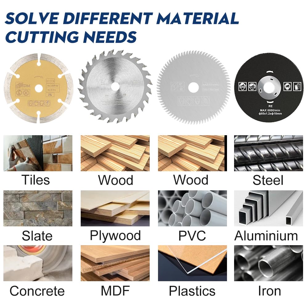 5Pcs 3-3/8 Inch Compact Circular Saw Blades Set with 19/32" Arbor TCT/HSS/Diamond Saw Blade/Grind Wheel for Angle Grinder Wood Plastic Sheet Metal Firearth