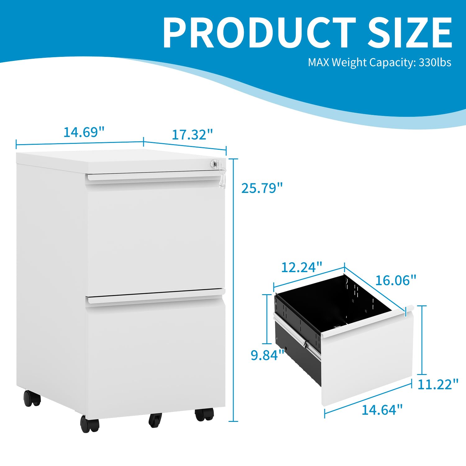 BIZOEIRON 2 Drawer Mobile File Cabinet,Under Desk Metal Filing Cabinet with Lock and Wheels,Rolling File Cabinet for Home Office Legal/Letter/A4 File BIZOEIRON