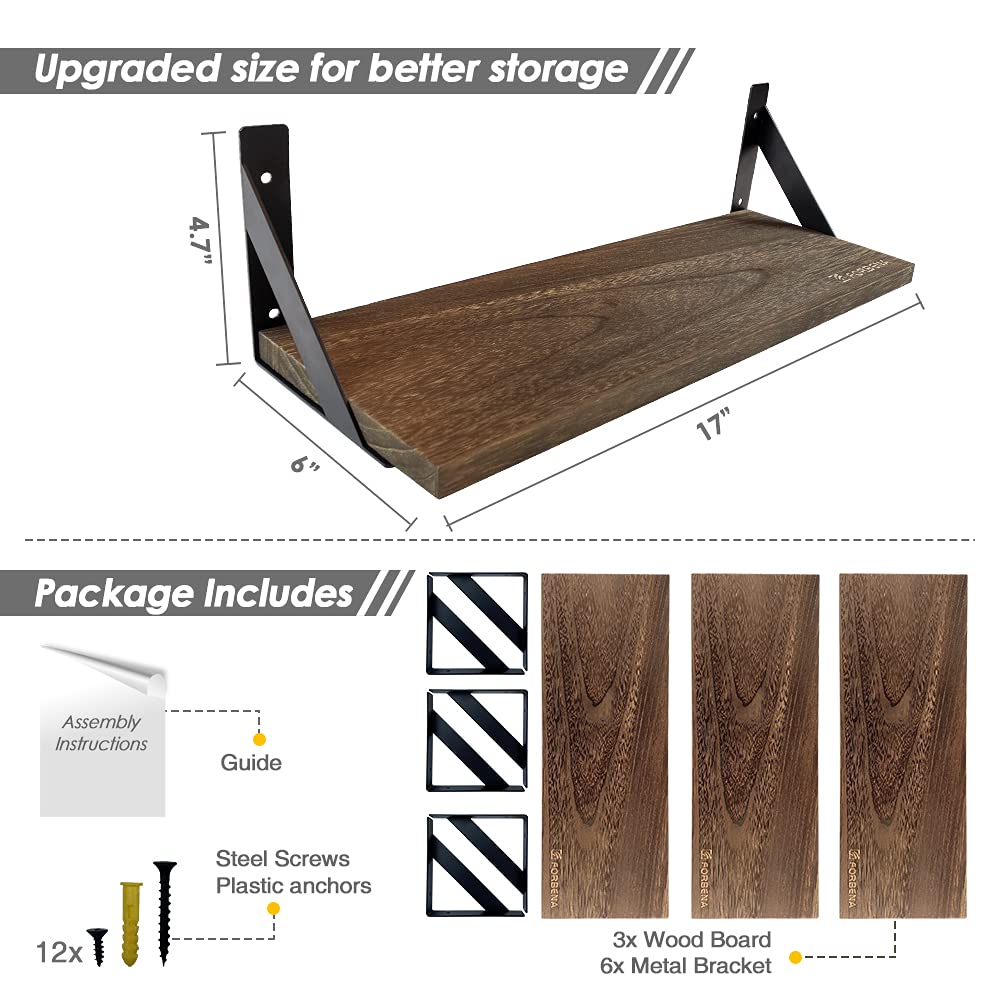 Rustic Brown Wall-Mounted Floating Shelves Set of 3 - 17 Inch Natural Wood Decor Storage for Any Room Forbena