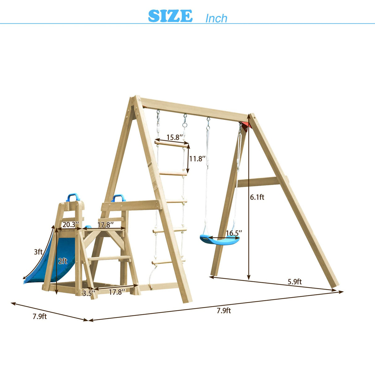 Wooden Swing Set with Slide, Outdoor Playset Backyard Activity Playground Climb Swing Outdoor Play Structure, Ready to Assemble Wooden Swing-N-Slide TURRIDU