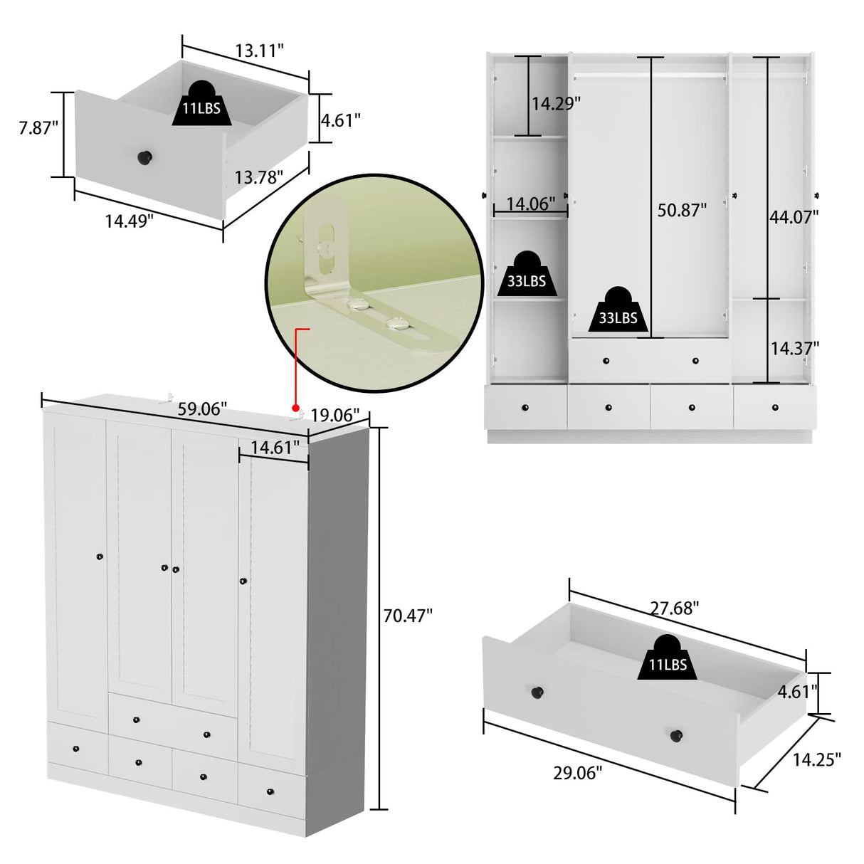 ECACAD Large Wardrobe Armoire with Multi-Tier Shelves, 5 Drawers, Hanging Rod & 4 Louver Doors, Wooden Closet Storage Cabinet for Bedroom, White ECACAD