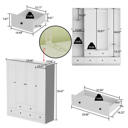 ECACAD Large Wardrobe Armoire with Multi-Tier Shelves, 5 Drawers, Hanging Rod & 4 Louver Doors, Wooden Closet Storage Cabinet for Bedroom, White - WoodArtSupply