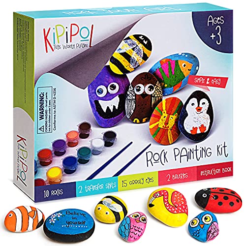 KIPIPOL Rock Painting Kit for Kids - DIY Arts and Crafts Set for Girls, Boys Ages 3, 4, 5 and Up - Fun Outdoor Activities w/10 Stones, 12 Acrylic