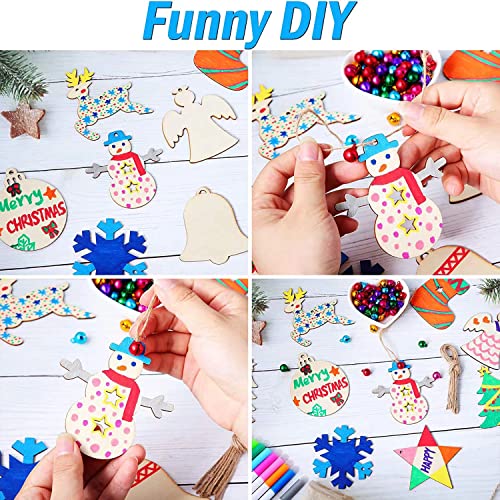 YRONTY 100Pcs DIY Wooden Christmas Ornaments, Unfinished Wood Slices Ornaments in 10 Shapes with 100 Ropes, 100 Colorful Bells & 7 Color Pens, DIY